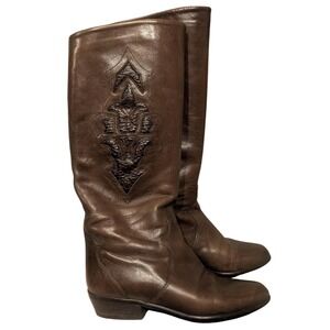 Vintage 1980's chocolate Brown cognac Leather Reptile Inlay Knee High tall boots